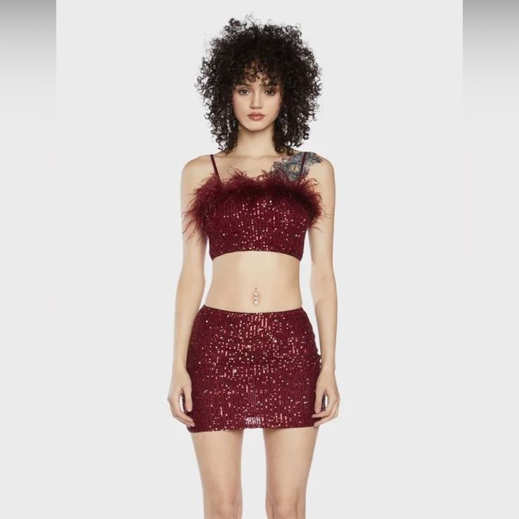 Nwt Forever 21 Sequin Mini Skirt And Matching Bandeau Crop Top 2 Piece Set This Set Is Super Cute And Perfect For The Holidays, Christmas, And New Year's Eve! Brand: Forever 21 Size: The Skirt Is A Size Small; The Top Is A Size Medium Color: Red / Maroon Style: High-Rise Mini Skirt / Bandeau Crop Top Both The Top And Bottom Are Lined Sequin Fringe Material This Set Is New With Tags, Has Never Been Worn, And Is In Perfect Condition ***The Photo Is Not The Exact Set I Am Selling!! I Used It As A S Flirty Fitted Mini Skirt For Party Season, Forever 21 Trendy Party Mini Dress, Trendy Forever 21 Party Mini Dress, Trendy Forever 21 Mini Dress For Party, Red Crop Top With Spaghetti Straps For Party, Flirty Mini Skirt For Summer Party, Summer Party Flirty Mini Skirt, Flirty Summer Party Mini Skirt, Flirty Sequined Skirt For Summer