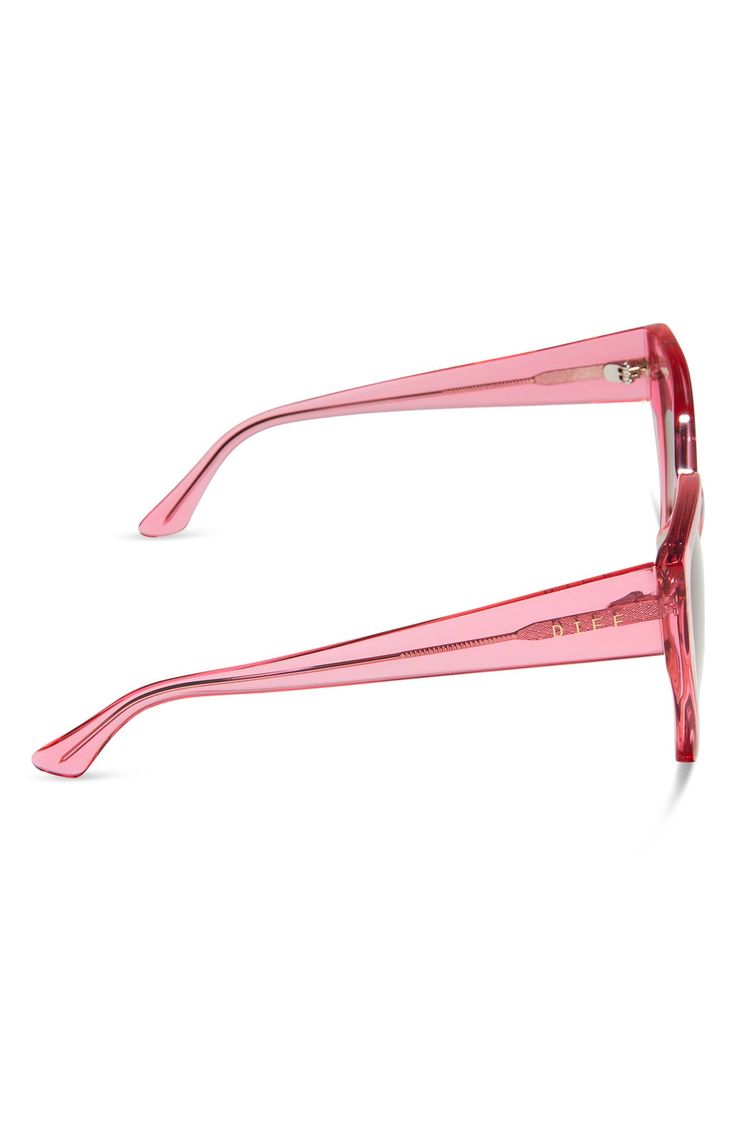 An angular cat-eye silhouette puts a contemporary spin on lightweight sunglasses fitted with suave gradient lenses. 55mm lens width; 16mm bridge width; 140mm temple length   100% UV protection   CR-39 lenses   Acetate   Imported   DIFF Eyewear participates in give-back initiatives that provide reading glasses to those in need Pink Cat Eye Sunglasses With Gradient Lenses, Pink Cat Eye Sunglasses With Gradient Square Frame, Modern Pink Plastic Cat Eye Sunglasses, Playful Pink Sunglasses With Anti-reflective Lenses, Eye Silhouette, Pink Square-frame Cat Eye Sunglasses With Mirrored Lenses, Diff Eyewear, Pink Gradient, Reading Glasses