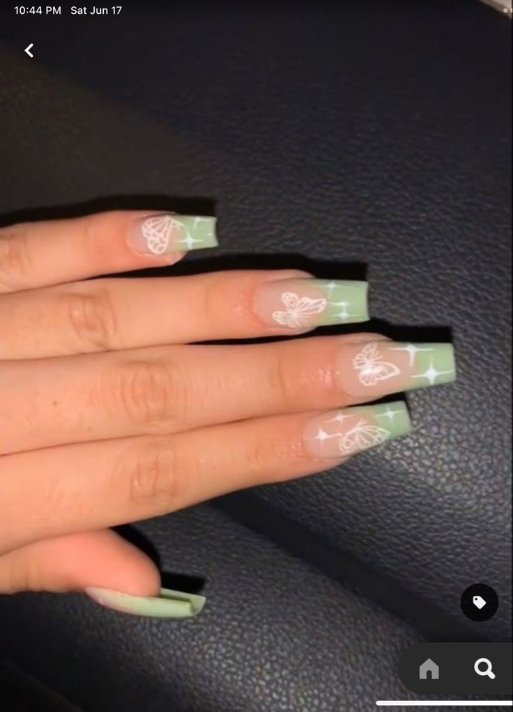 Nails Acrylic Sage Green Coffin, Sage Green Nails Design Aesthetic, Sage Green Nails With Butterflies, Light Green Nails Coffin, Light Green Nails With Flowers, Light Sage Green Nails, Sage Green Nails Acrylic, Sage Green Acrylic Nails, Sage Green Nail Designs