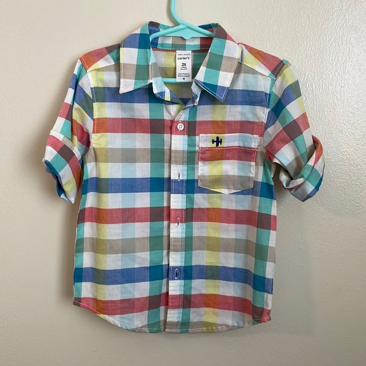 Toddler Boys Button Down Shirt Colorful Plaid Pattern Embroidered Airplane On Chest Pocket Button Cuffs Sleeves Can Be Worn Down Or Rolled Up Excellent Condition. Never Worn Playful Collared Shirt For Summer, School Cotton Shirt With Button Closure, Cute Collared Shirt For Summer, Cute Collared Summer Shirt, Summer Playtime Shirt With Button Closure, Playful Shirt For Spring Playtime, Playful Spring Shirt For Playtime, Playful Summer Shirt For Playtime, Multicolor Long Sleeve Shirt For School