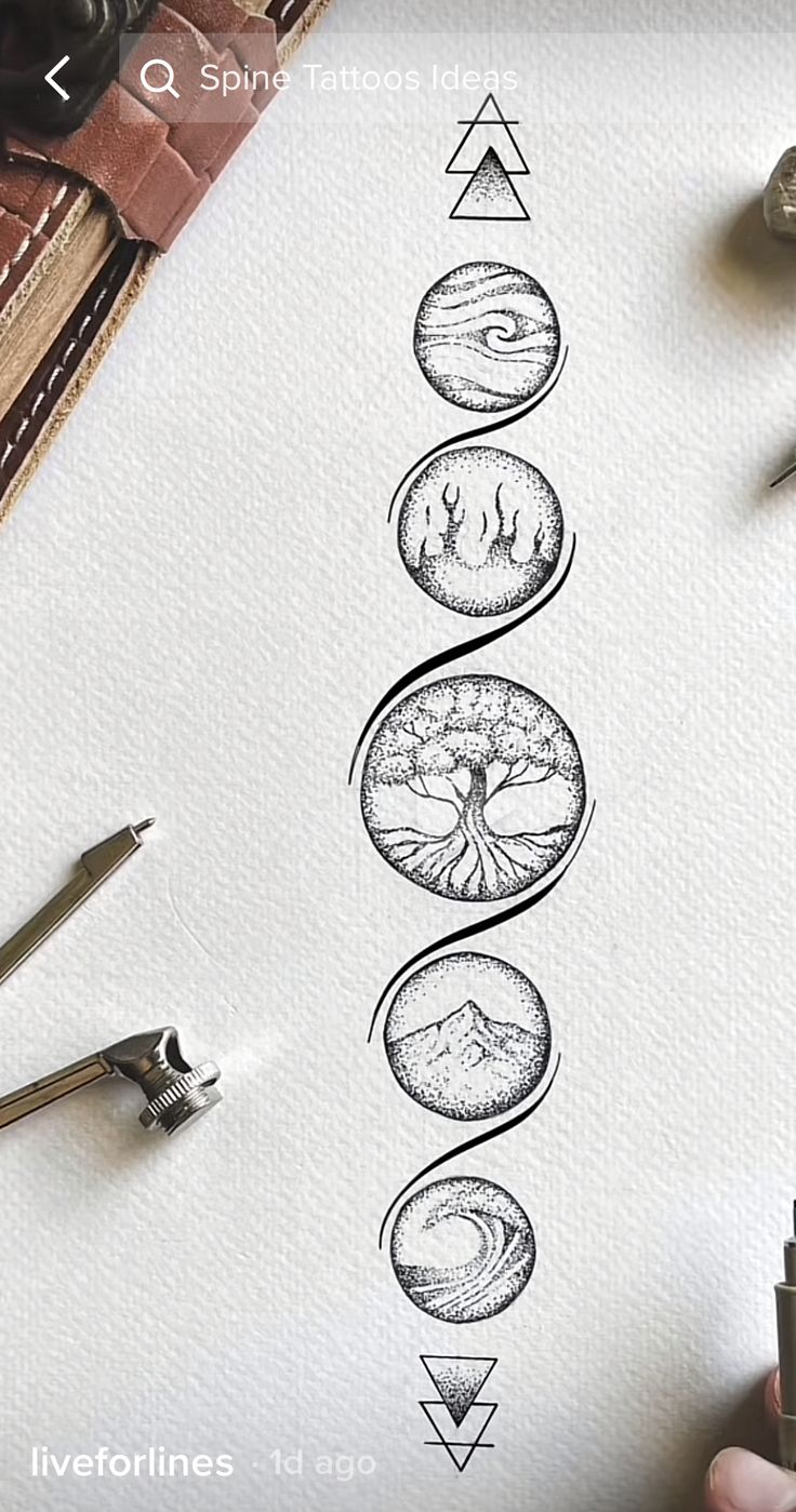 an image of a drawing on paper with pen and scissors next to it that has five different types of trees