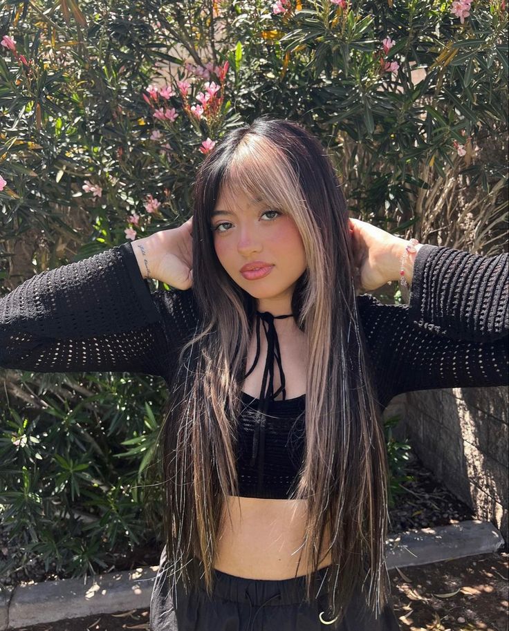 Miranda Rae Instagram, Black Hair White Streak Bangs, Black Hair With One Blonde Streak, Hair Colors With Bangs, Dark Hair With Blonde Bangs, Miranda Rae Hair, Blonde Streak In Front Of Hair, Dyed Bangs, Miranda Rae