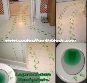 four pictures show the inside of a bathroom with green paint on the floor and walls