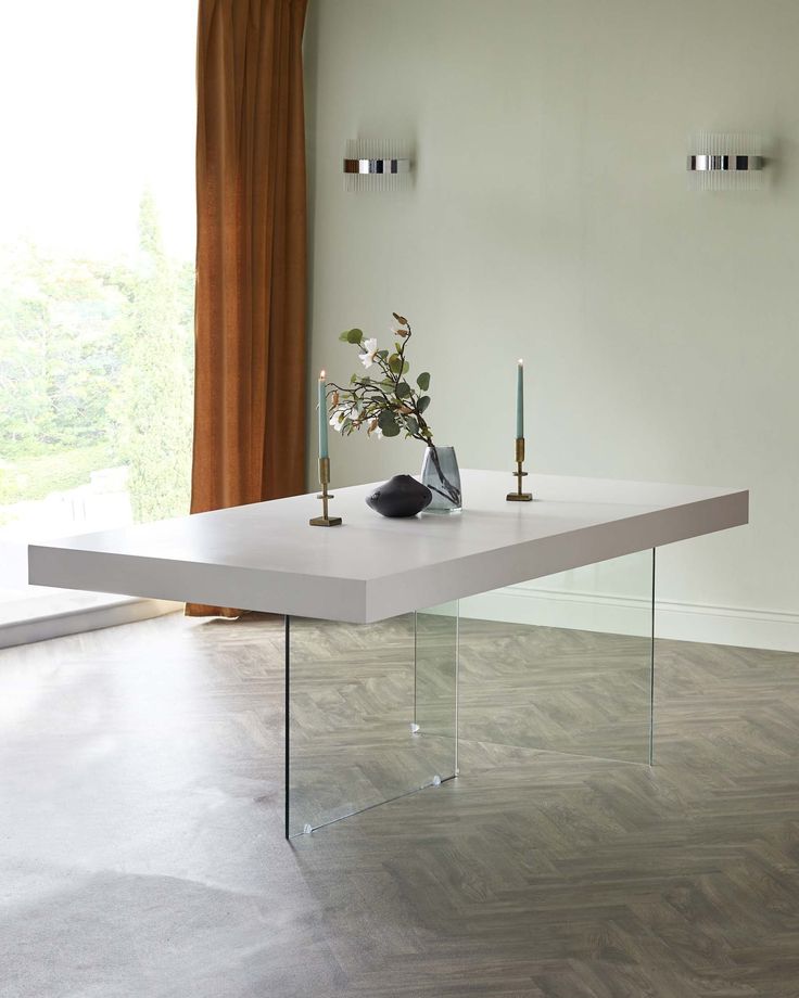 aria oak and glass dining table white Dinning Table Wood, White Oak Laminate, Marble Dinning Table, Glass Dinning Table, Glass Kitchen Tables, 8 Seater Dining Table, High Dining Table, Laminate Table Top, White Dining Table