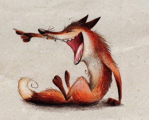 a drawing of a red fox sitting on the ground with its mouth open and tongue out