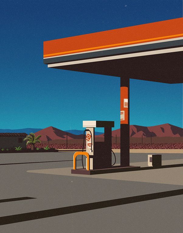 a painting of a gas station with mountains in the background