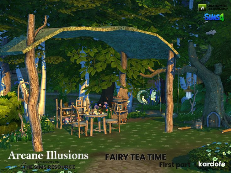 an animated image of a fairy tea time setting in the middle of some trees and bushes