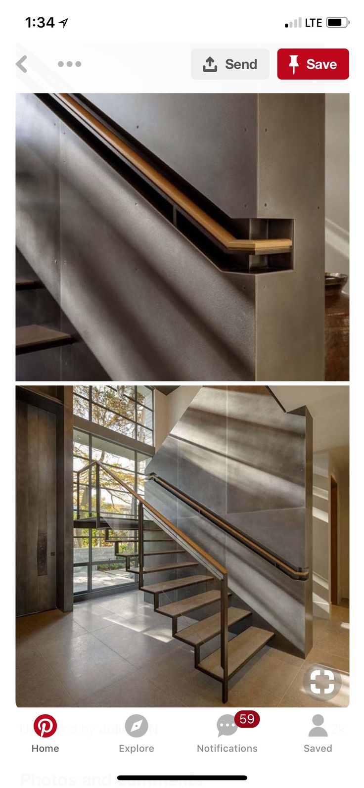 there are two pictures of some stairs in this house