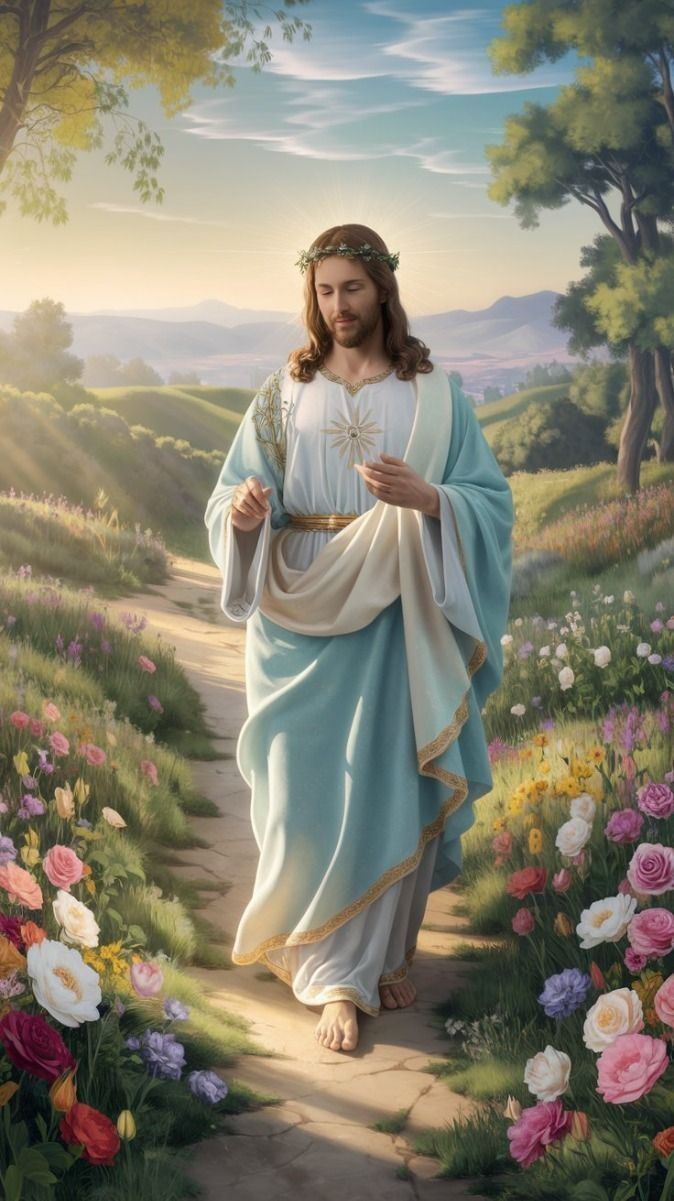 jesus walking down a path with flowers in the foreground