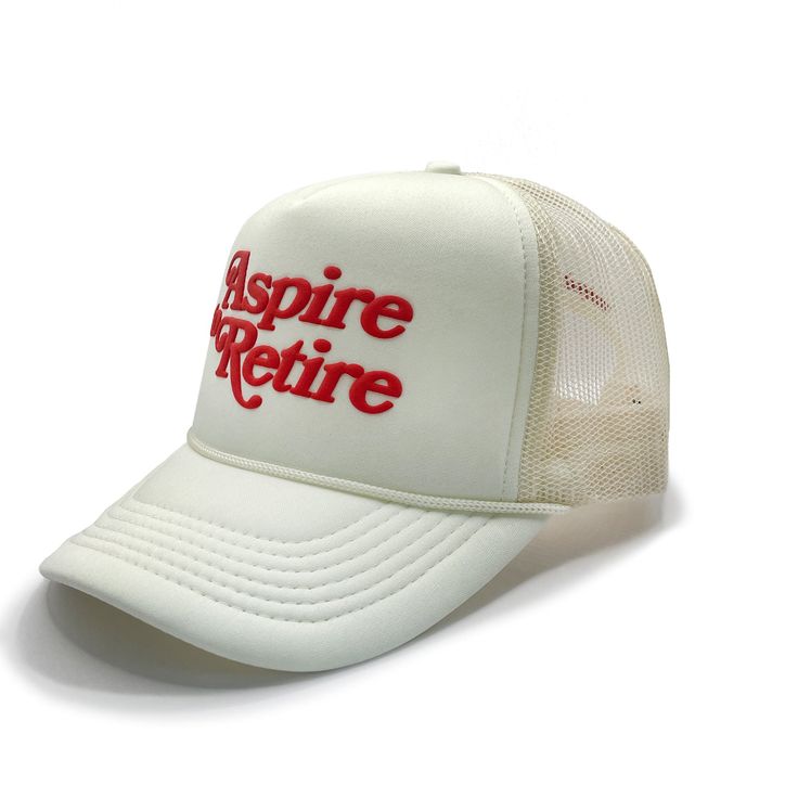 Aspire to Retire - Script Trucker Bone Retro White Trucker Hat With Letter Print, White Breathable Trucker Hat, White 5-panel Snapback Hat With Letter Print, White Trucker Hat With Letter Print For Streetwear, White Letter Print Trucker Hat For Streetwear, White Retro Baseball Cap With Letter Print, Printed Tape, Sweat Band, Cocktail Club