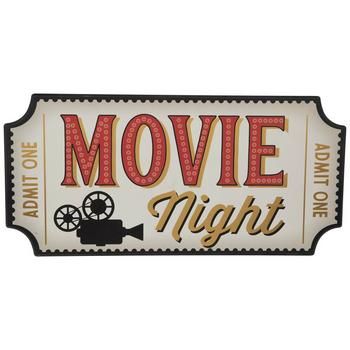 a sign that says movie night on the side of a white wall with red lettering