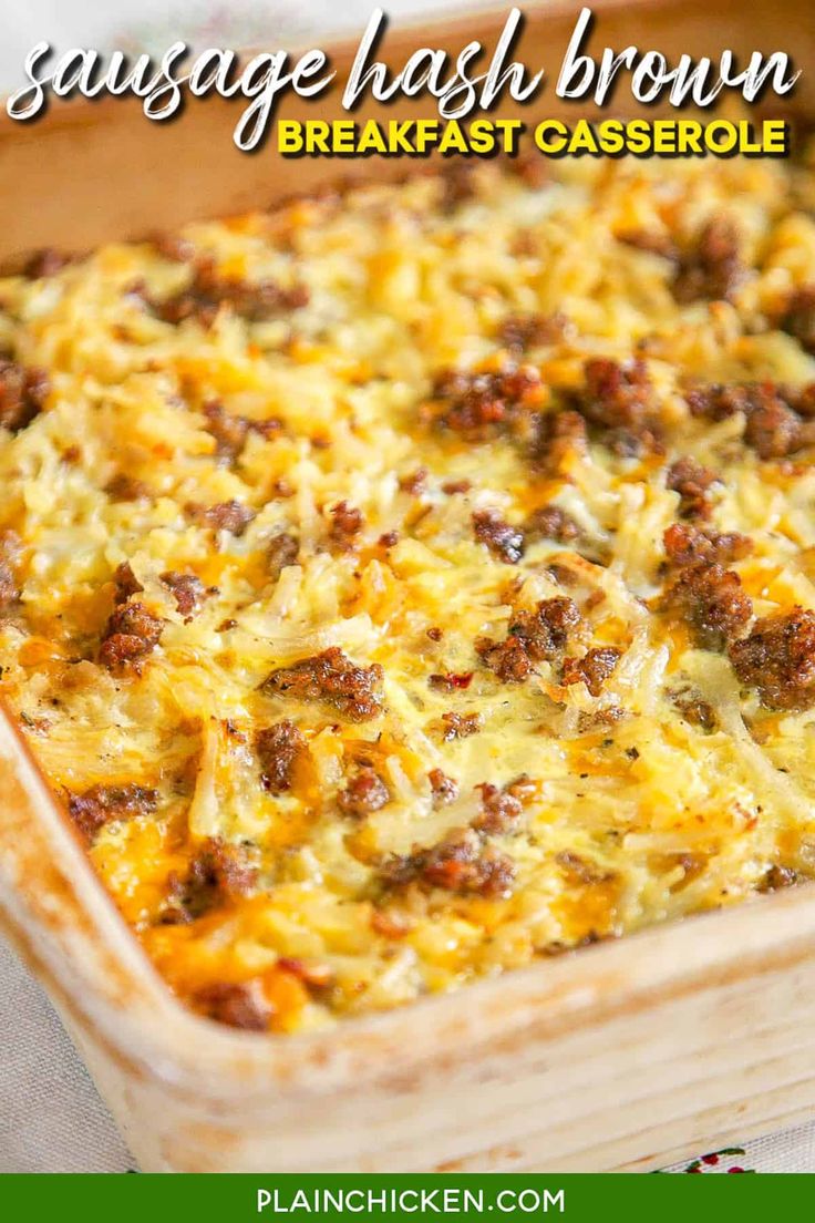 sausage hashbrown breakfast casserole in a baking dish with text overlay