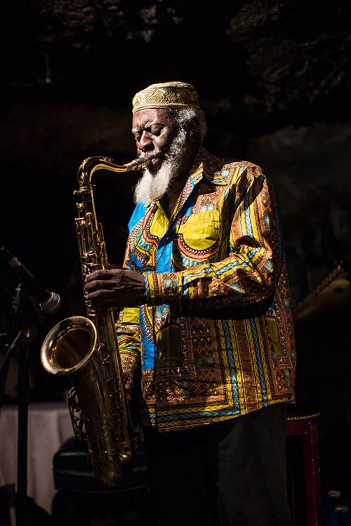 a man with a long white beard playing a saxophone