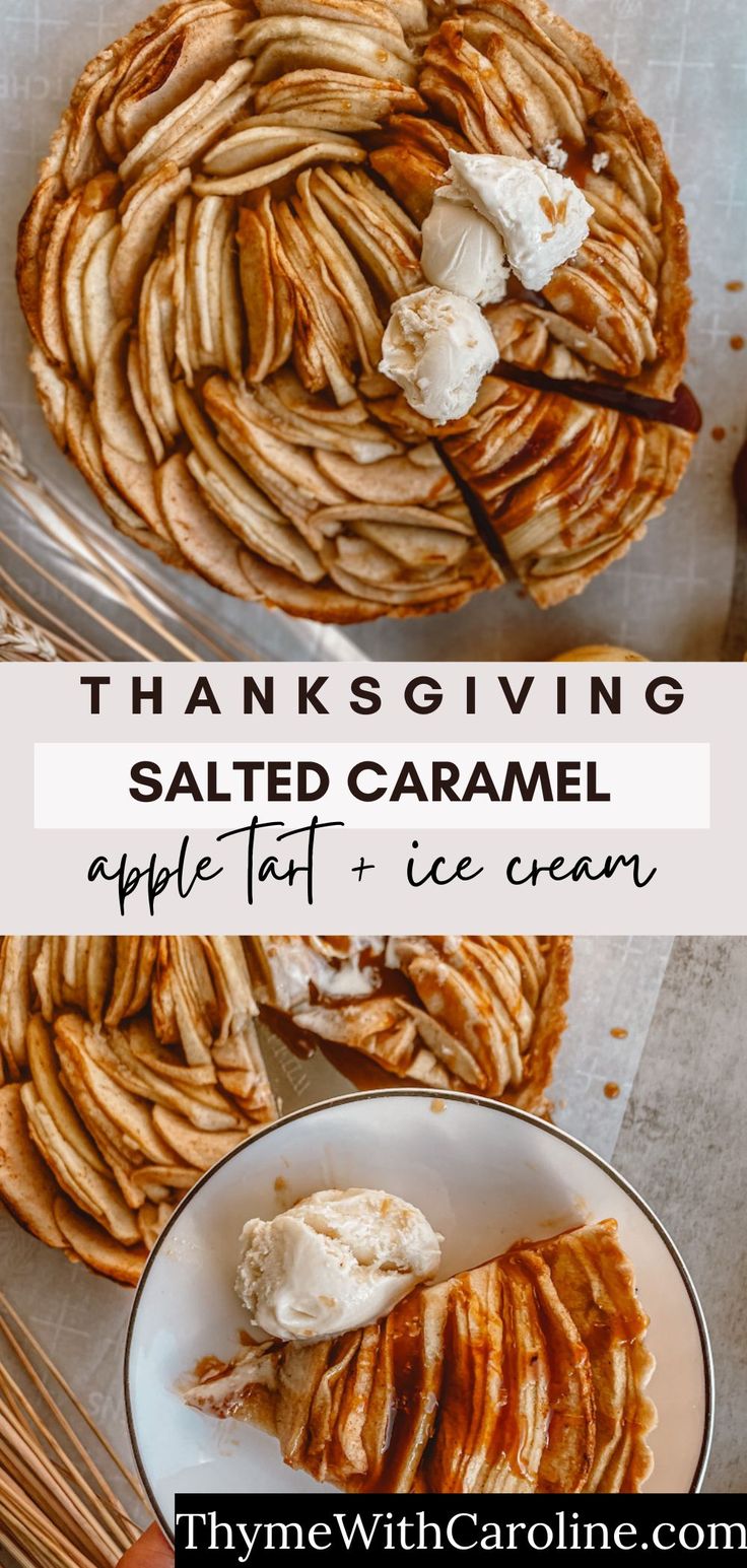 an apple pie with whipped cream on top and the words thanksgiving salted caramel