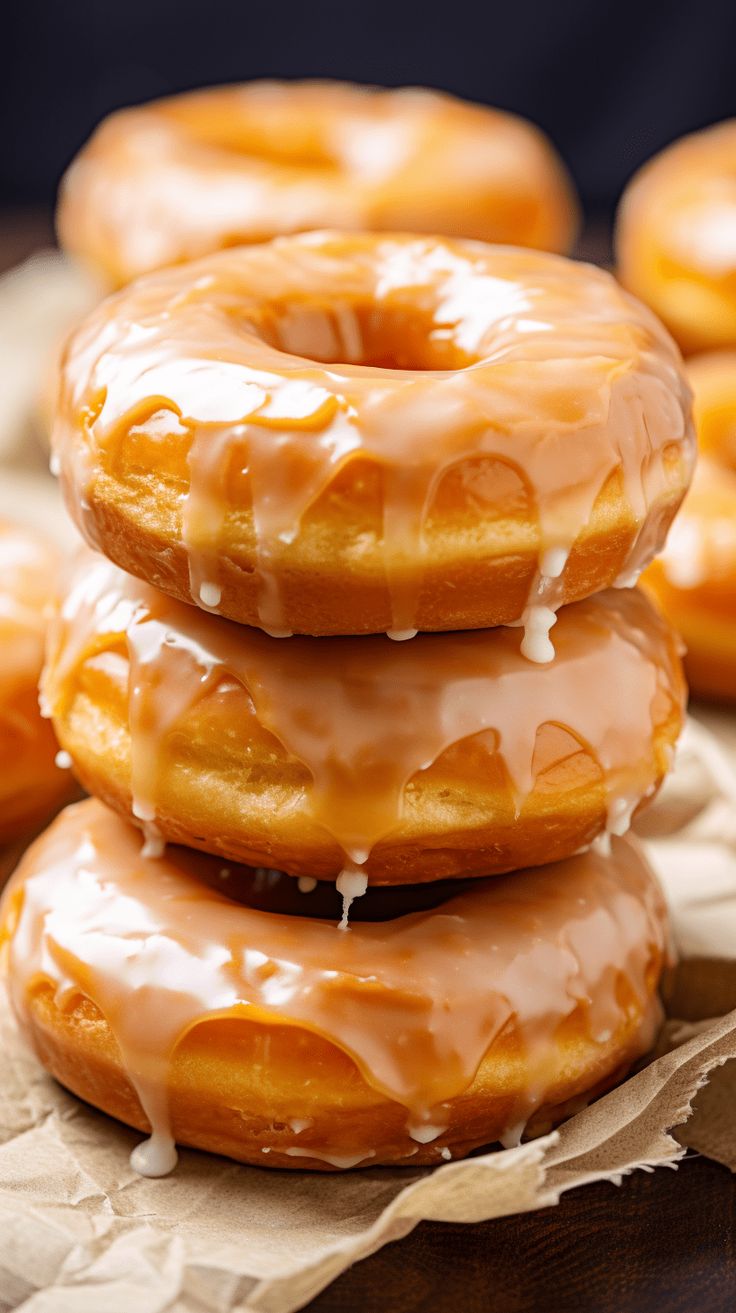 a stack of glazed donuts sitting on top of a piece of wax paper next to each other