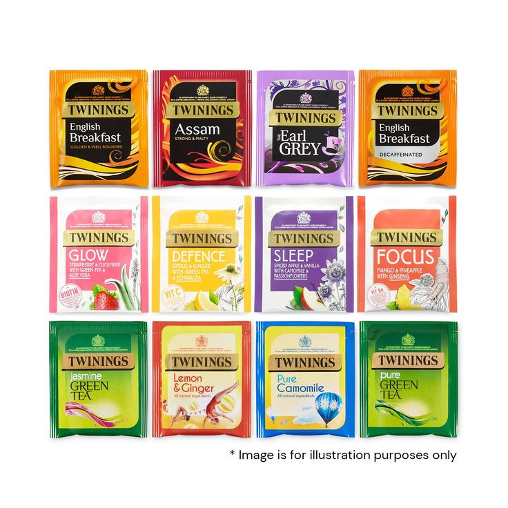 twelve packets of twinings teas in different colors and flavors, each with their own logo