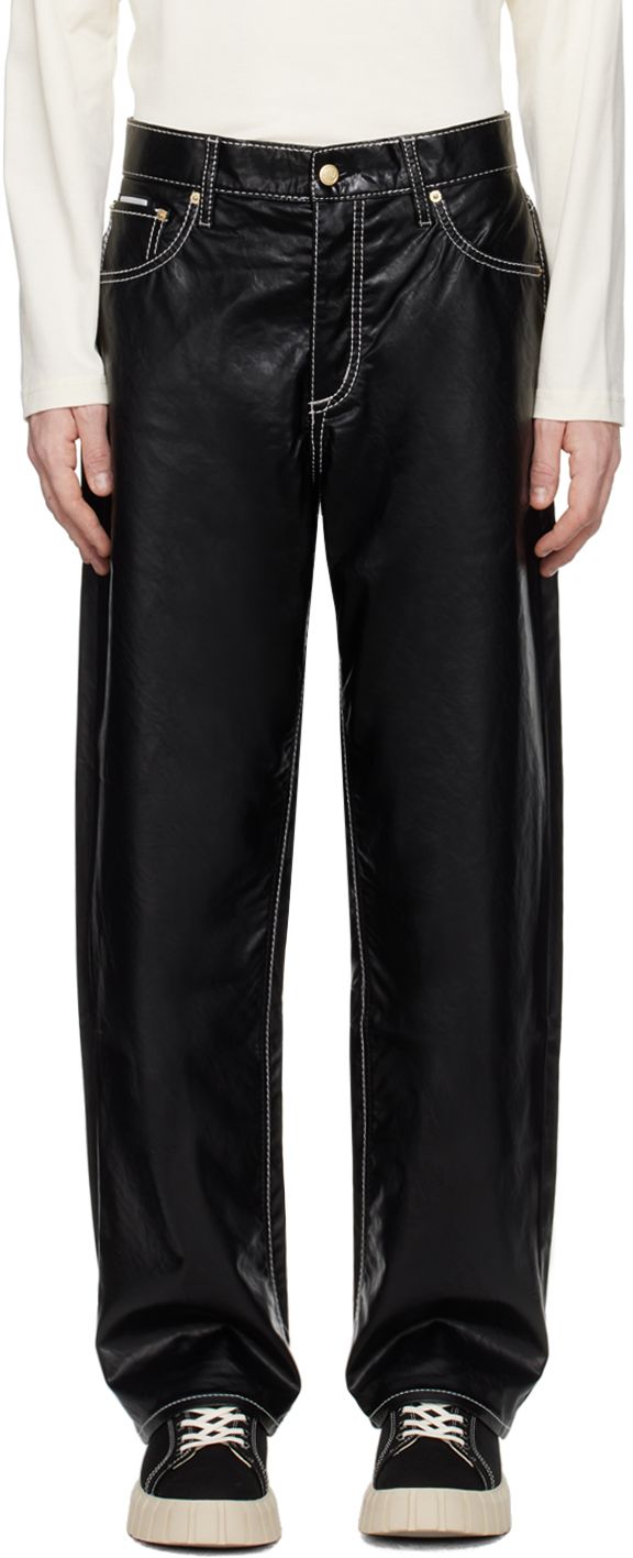 Grained faux-leather trousers. · Belt loops · Five-pocket styling · Button-fly · Logo patch at back waistband · Topstitching at back pocket · Contrast stitching in white Supplier color: Vegan black Black Benz, Faux Leather Jeans, Leather Pants Outfit, Fly Logo, Jeans Belt, Leather Pants Women, Leather Jeans, Leather Trousers, Faux Leather Pants