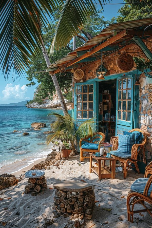 a house on the beach with chairs and tables in front of it, next to the ocean