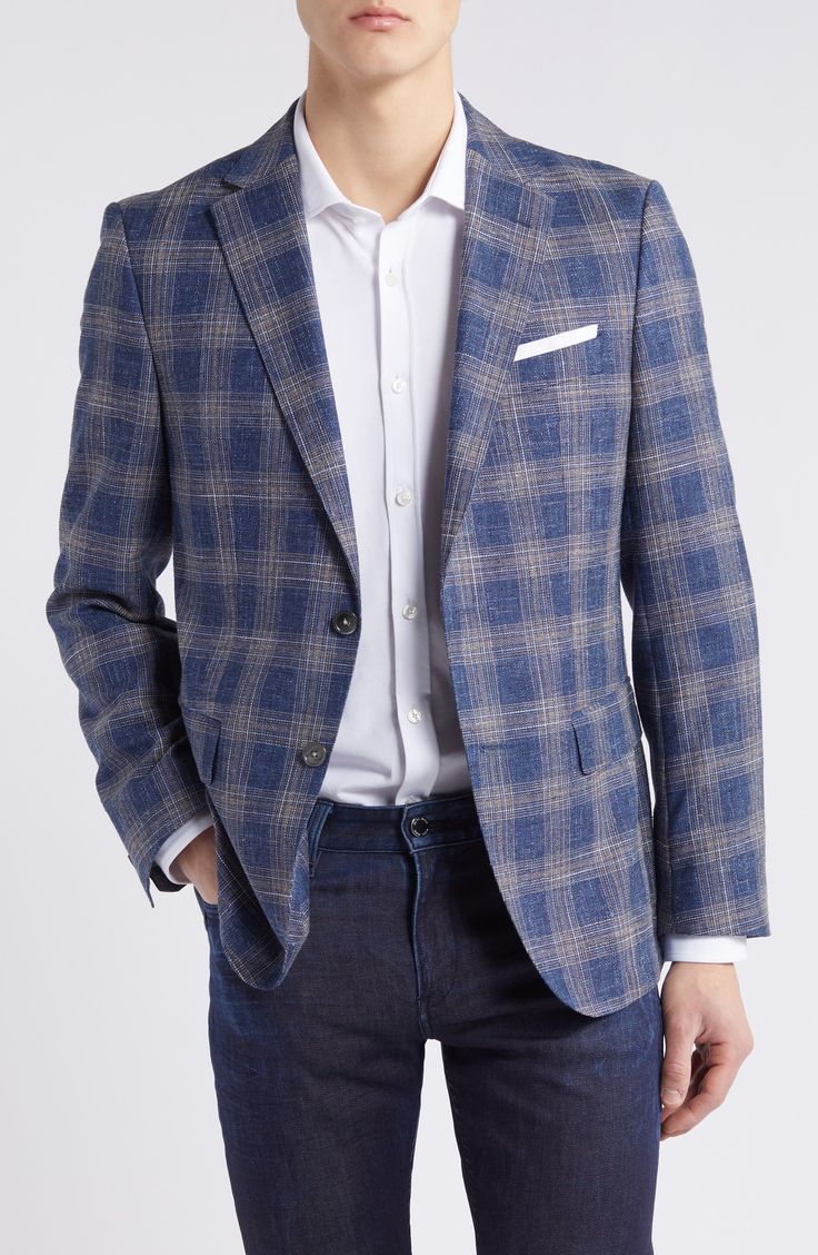 A slubbed blend of wool, cotton and linen brings relaxed versatility to a sport coat that's patterned in a pale plaid and styled for warm-weather occasions. 29" length (size 42) Notched lapels Chest welt pocket; front flap pockets Side vents Partially lined 65% virgin wool, 27% cotton, 8% linen Dry clean Made in Turkey Hugo Boss/BOSS/HUGO has received the Fair Labor Association accreditation, which signifies that the company has effective systems and procedures in place to successfully uphold fa Single-breasted Cotton Sport Coat, Double-breasted Wool Sport Coat With Welt Pockets, Double-breasted Wool Sport Coat With Pockets, Blue Single-breasted Cotton Sport Coat, Tailored Single-breasted Plaid Sport Coat, Wool Plaid, Sport Coat, Welt Pocket, Hugo Boss