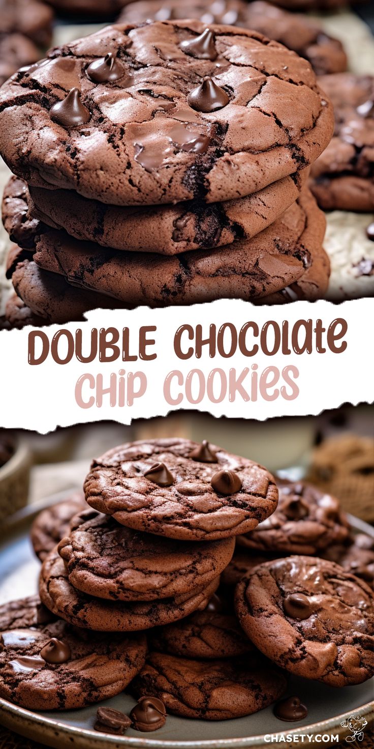 double chocolate chip cookies stacked on top of each other with the words double chocolate chip cookies above them