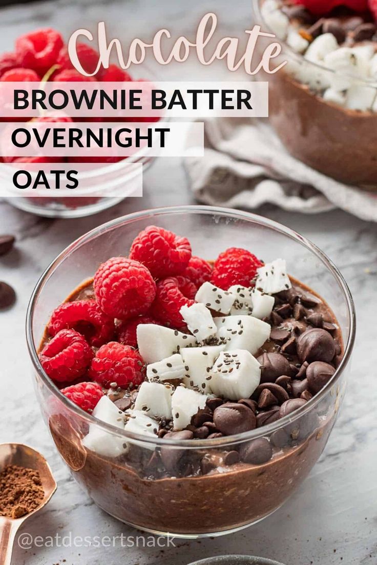 chocolate brownie batter overnight oats with raspberries and marshmallows