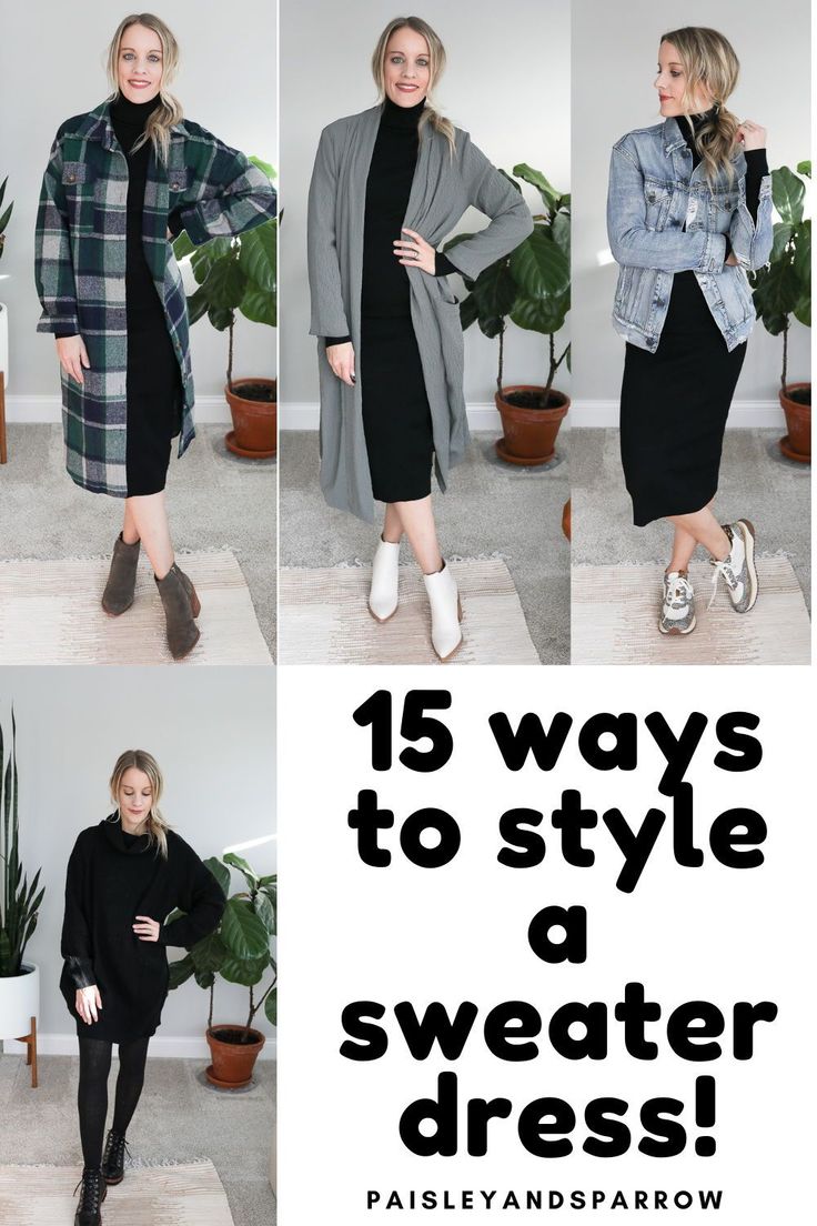 Wondering how to wear a sweater dress? Here are 15 outfit ideas for you! How to style sweater dresses - casual to date night. How To Style A Long Dress In Winter, What To Wear Over A Sweater Dress, Sweater On Dress Outfit, Sweater Over Black Dress, Sweater Over Black Dress Outfit, Dress And Sweater Outfit Spring, Sweaters Dress, How To Wear A Sweater With A Dress, Wear Sweater Over Dress