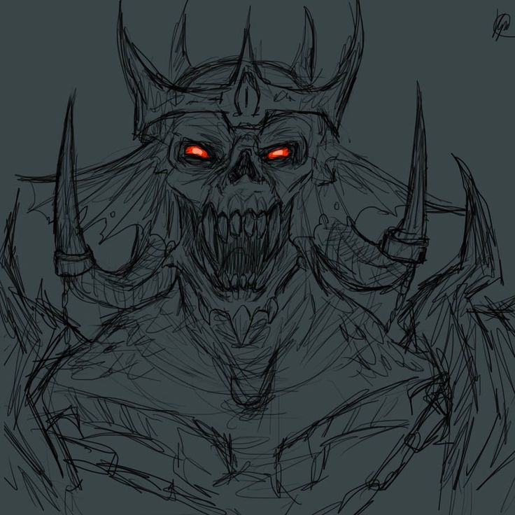 a drawing of a demon with red eyes on it's face and horns in his mouth