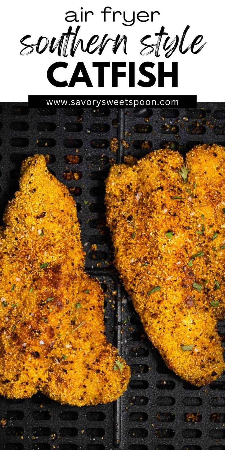 two pieces of chicken on top of a grill with the words air fryer southern style catfish