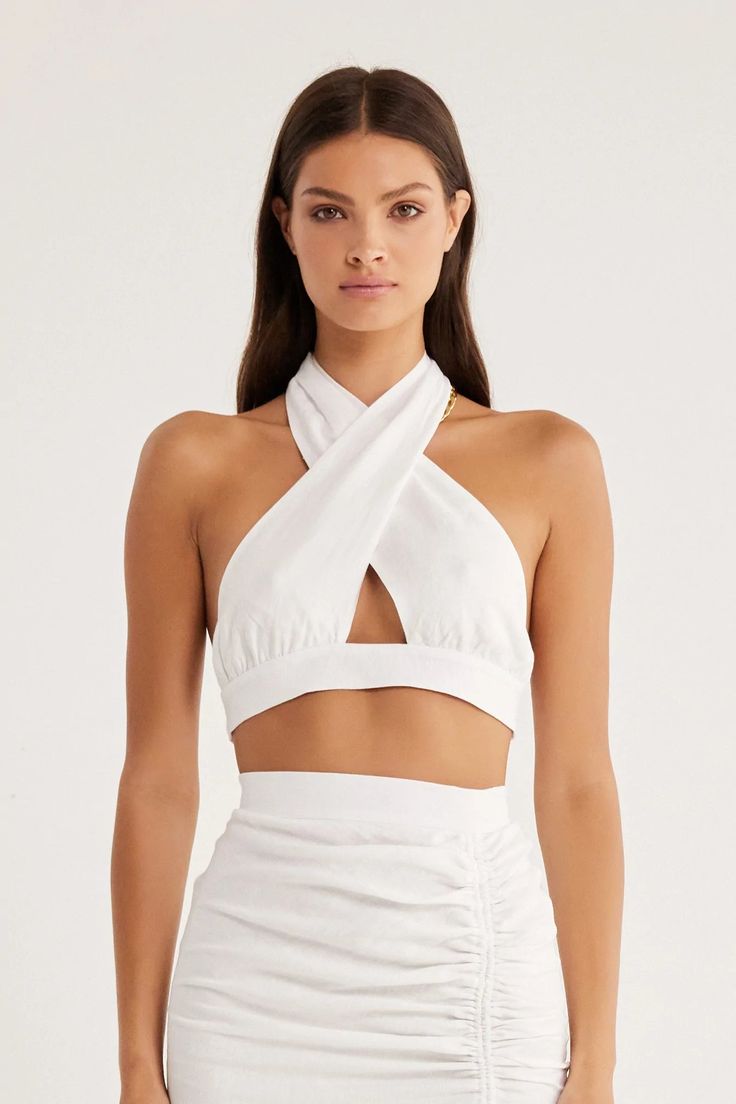 Cross front halter top with ties at back neck and body. Double layer in self. 100% Linen. Top Spring Outfits, Halter Neck Crop Top, Cotton Citizen, Bridal Tops, Short Loungewear, White Crop Top, Pant Shirt, Outerwear Sweater, Mens Swimwear