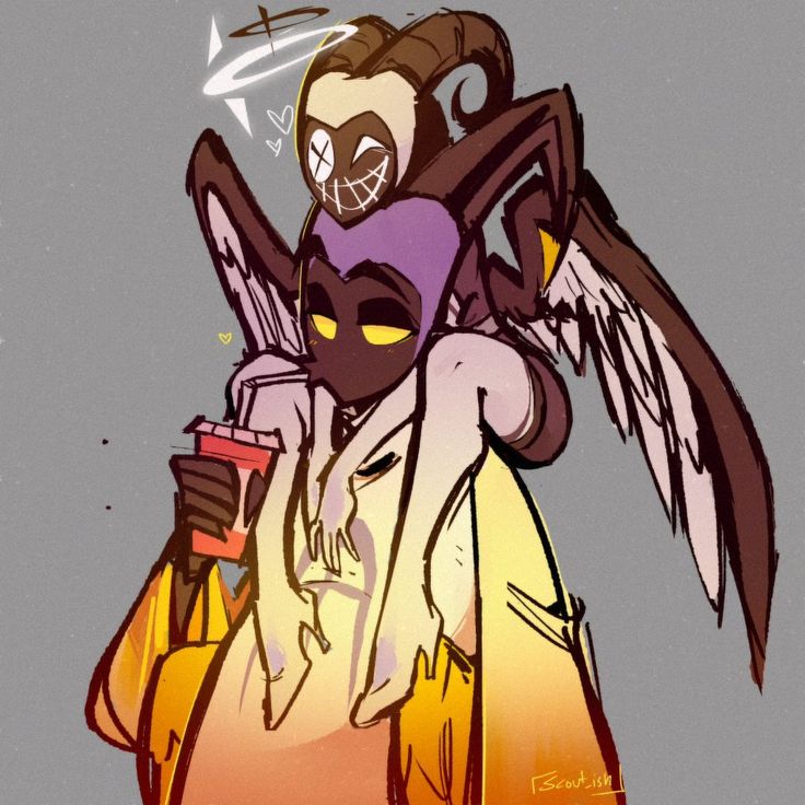 a drawing of an angel holding a bottle and wearing a purple mask with yellow eyes