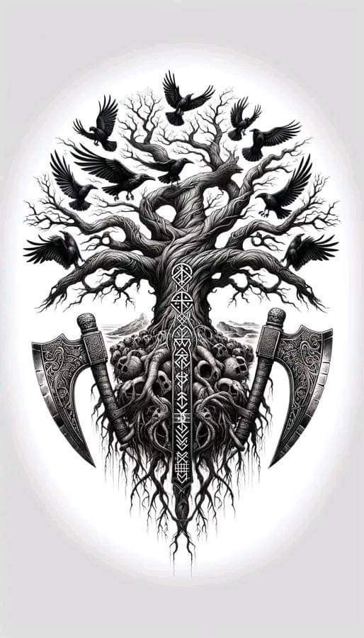 an image of a tree with two axes and birds on it, surrounded by crows