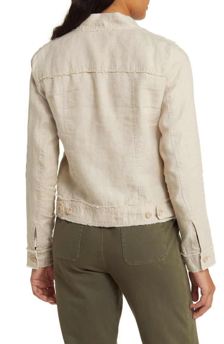 A classic trucker jacket lightens up for cooler weather in a pure linen fabrication in your choice of four versatile hues. Frayed edges add a relaxed, well-worn look. 22" length (size Medium) Front button closure Spread collar Button cuffs Chest button-flap pockets; front on-seam pockets Adjustable button tabs at waistband 100% linen Dry clean or machine wash, line dry Imported Spring Linen Utility Jacket With Flap Pockets, Spring Linen Utility Jacket With Patch Pockets, Spring Linen Utility Jacket With Pockets, Spring Linen Utility Jacket With Relaxed Fit, Casual Linen Outerwear With Flap Pockets, Casual Linen Utility Jacket For Spring, Casual Linen Utility Jacket For Fall, Casual Linen Outerwear With Pockets, Spring Linen Outerwear With Button Closure