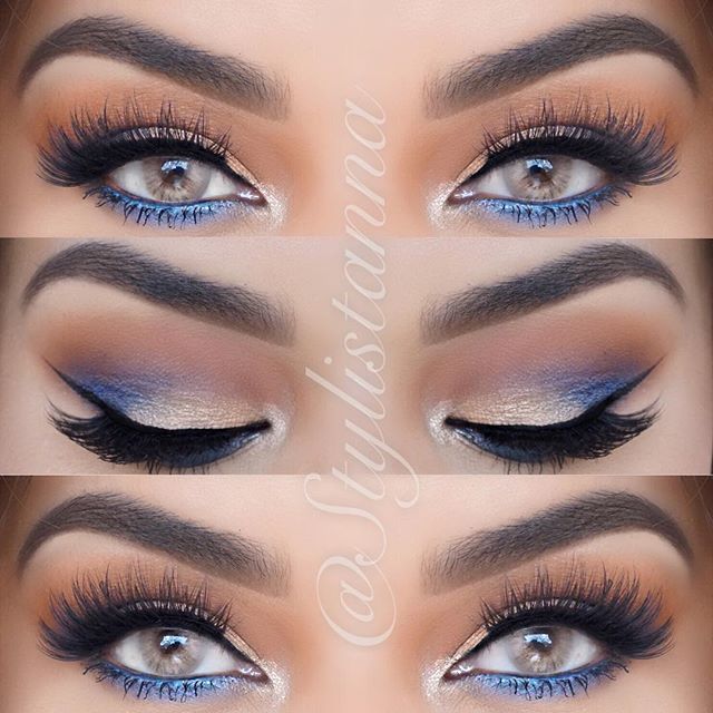 Pretty Makeup For Blue Eyes, Settle Blue Eye Makeup, Step By Step Blue Eye Makeup, Dodger Makeup Ideas, Dusty Blue Wedding Makeup, Natural Blue Eye Makeup, Blue Bridal Makeup, Blue And Silver Makeup Looks, Royal Blue Makeup Looks