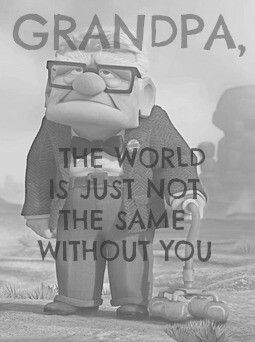 an animated character standing in front of a sign that says grandpaa, the world is just not the same without you