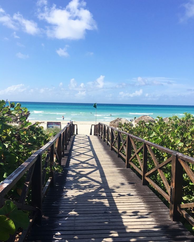 a wooden walkway leading to the beach with blue water and green vegetation on either side