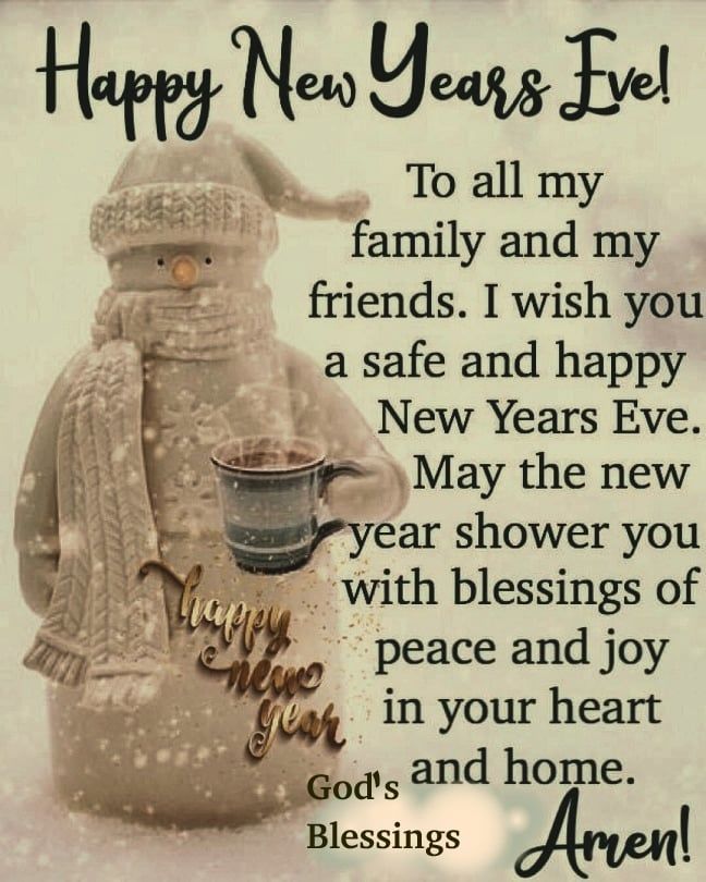 a snowman holding a cup with the words happy new year eve