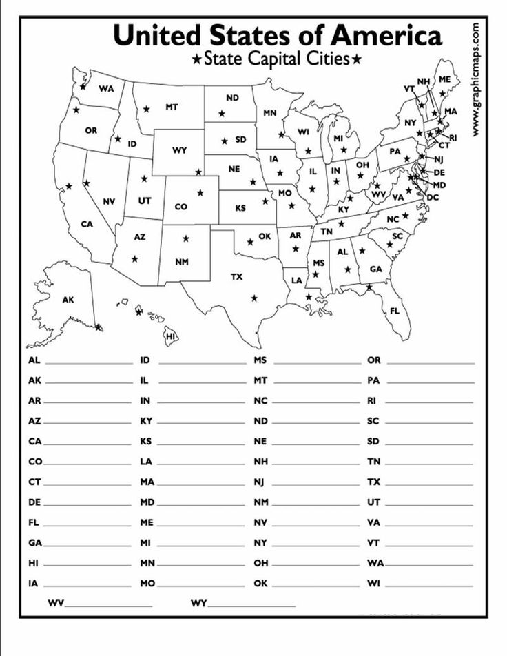 the united states of america map with capital cities and abbreviations for each country in black and white