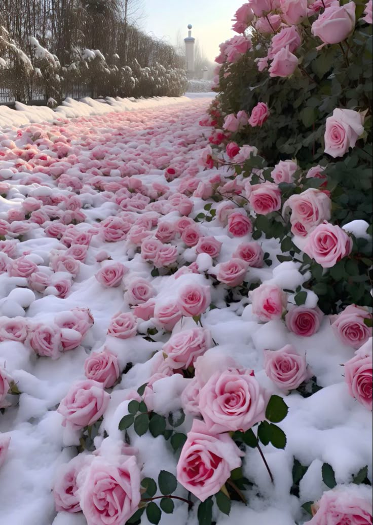 pink roses are growing on the snow covered ground