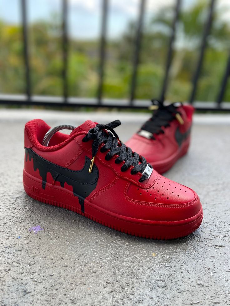 Custom Red Drip Air Force 1s. This price includes purchasing the sneakers. All Adult sizes are for both Men and Women. All prices are USD. Color Shade of shoe may vary on screen versus in person and under different lighting. A sole protector will be added to this design. All shoes are Made to Order and turnaround for completion is 4-6 weeks per shoe. Red Custom Sneakers With Rubber Sole For Streetwear, Red Custom Sneakers With Abzorb Midsole For Streetwear, Modern Red Custom Sneakers With Boost Midsole, Custom Lace-up Leather Sneakers With Waterproof Paint, Waterproof Leather Custom Sneakers Lace-up, Waterproof Leather Lace-up Sneakers, High-top Leather Sneakers, Waterproof High-top Leather Sneakers, Casual Red Custom Sneakers With Waterproof Paint