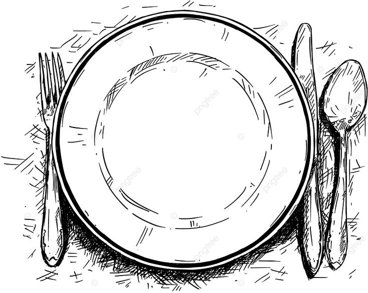 a black and white drawing of a plate with utensils on the table top