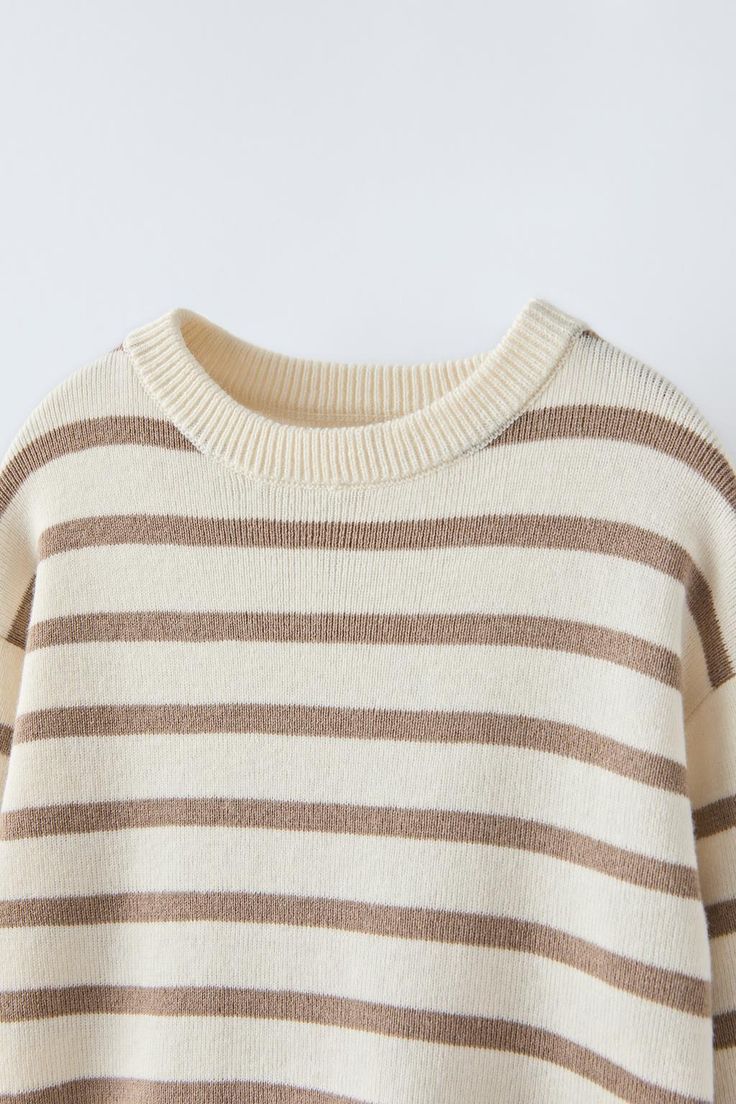 STRIPED KNIT SWEATER - Ecru / Beige | ZARA United States Cute Beige Soft Knit Sweater, Cute Cream Soft Knit Sweater, Cute Brown Crew Neck Sweater, Cute Crew Neck Sweater With Ribbed Cuffs, White Crew Neck Sweater With Ribbed Neckline, Cream Knitted Crew Neck Top, Cute Cream Crew Neck Sweater, Oversized White Sweater With Ribbed Neckline, Zara Cotton Sweater For Fall