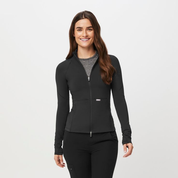 Shop the On-Shift ContourKnit Jacket from FIGS! With eight pockets, a slim fit and lightweight, high-stretch, ultra-breathable fabric. 100% Awesome. Figs Jacket, Vest Layering, Black Fig, Lululemon Jacket, Scrub Jackets, Lab Coats, Scrub Pants, Shell Jacket, Knit Jacket