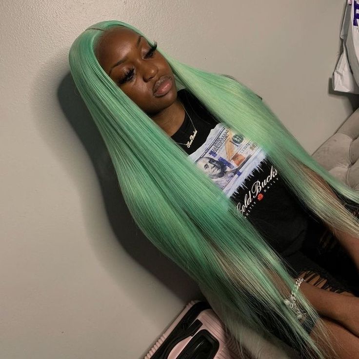 Long Green Hair, Straight Human Hair Bundles, Frontal Wig Hairstyles, Lace Fronts, Mint Hair, Green Wig, Straight Wigs, Frontal Hairstyles, Pretty Hair Color