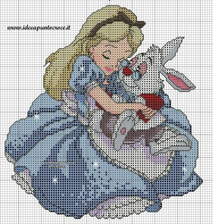 a cross stitch pattern with an image of alice and the white rabbit on it's lap