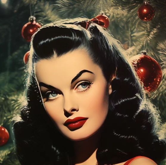 a painting of a woman in front of a christmas tree