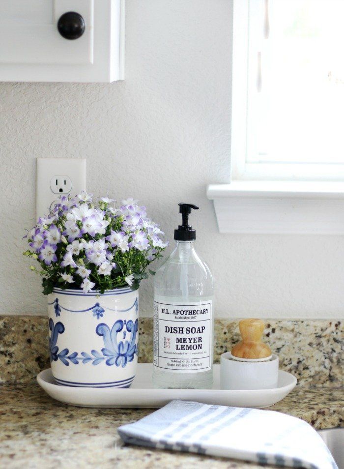 a bottle of dish soap sitting on top of a counter next to a flower pot