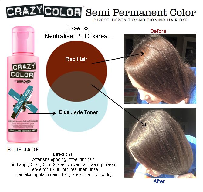 Crazy Colour - Semi Permanent - Ash brown blue/green/teal toner. How to remove / Neutralise RED / BRASSY tones from brown hair. Regular / over dyed (over use of peroxide developer) leading to level lifting of natural hair - resulting in more red tones. How to correct - Anti Red solution. Brown Hair Without Red Tones, Red Hair Toner, Toner For Orange Hair, Turquoise Hair Dye, Silver Hair Dye, Blue Green Hair, Brassy Hair, Mushroom Hair, Bleaching Your Hair