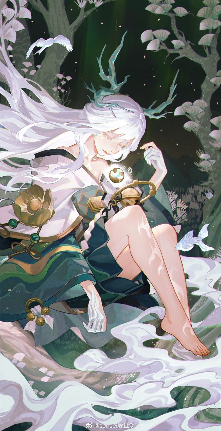 a woman sitting on top of a body of water next to another person with long white hair