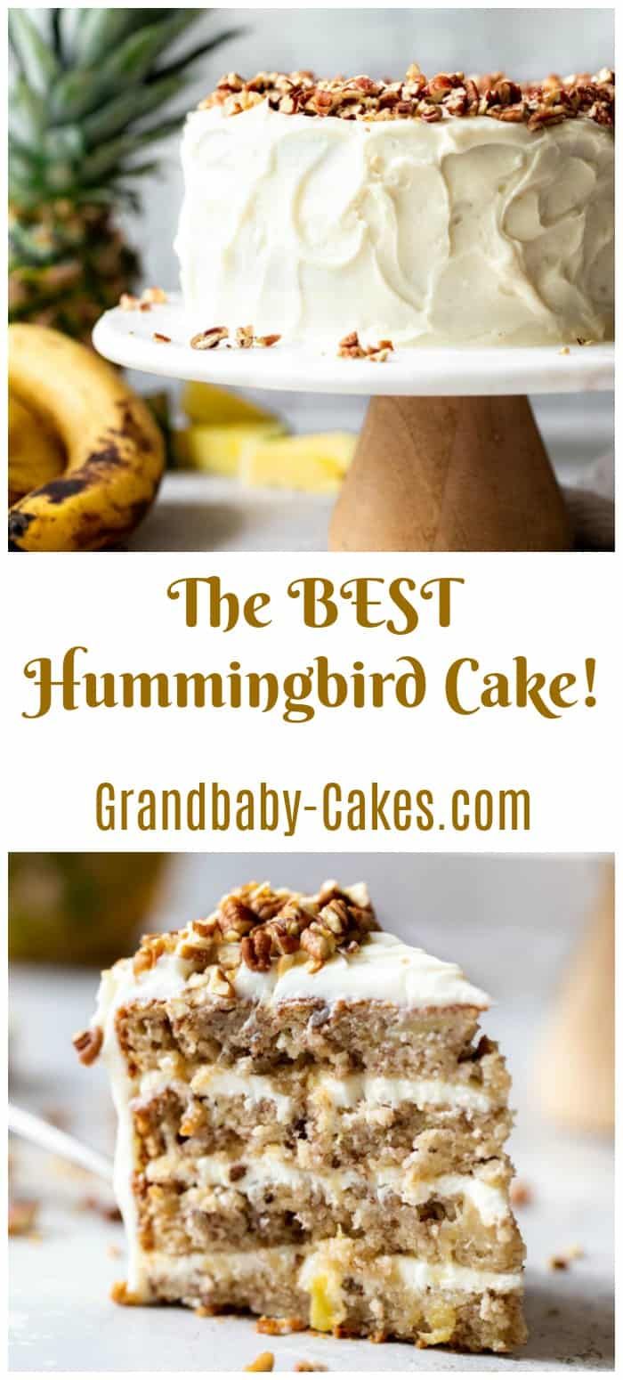 the best hummingbird cake with white frosting and walnuts on top is cut in half