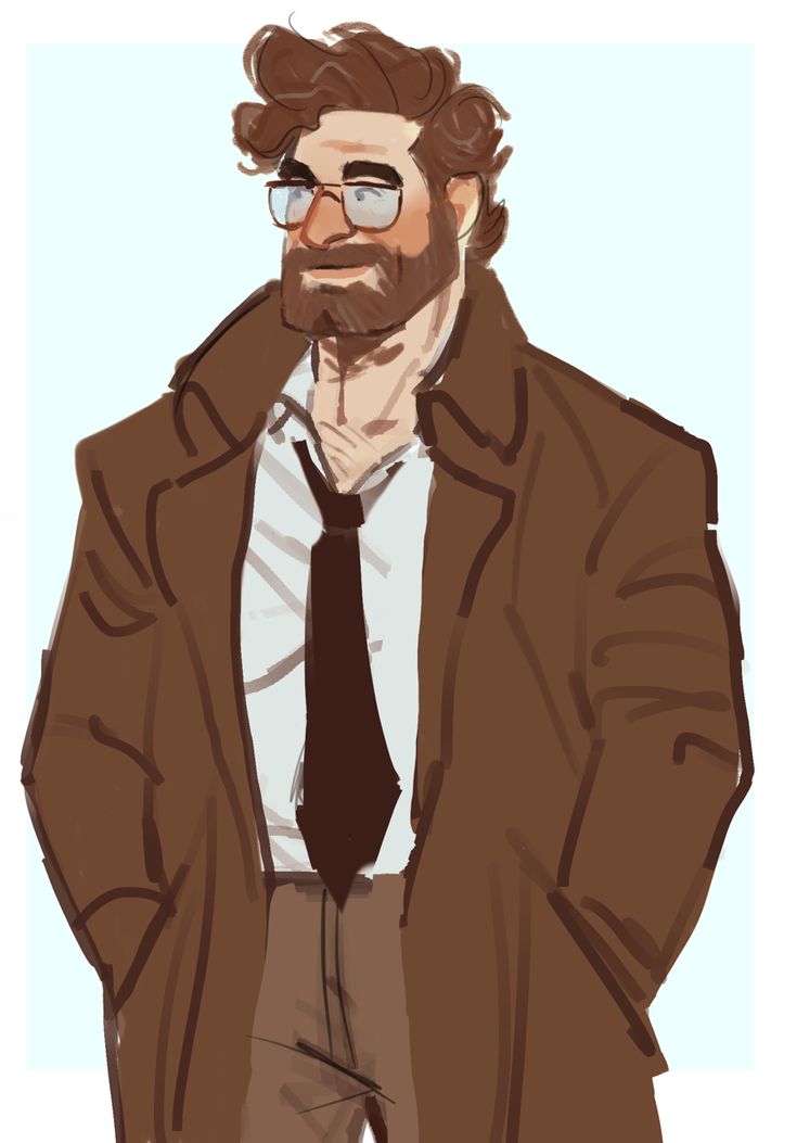 a drawing of a man with glasses and a beard wearing a brown jacket, white shirt and tie